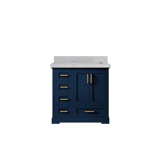 Willow Collections Boston 36 in. W x 22 in. D x 36 in. H Right Offset Single Sink Bath Vanity in Navy Blue with 2 in. Pearl Gray qt Top