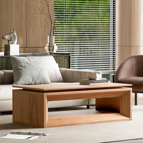 Fraser Modern 43.3 in. Natural Wood Rectangle MDF and Solid Wood Veneer Coffee Table with Storage, Adjustable Height