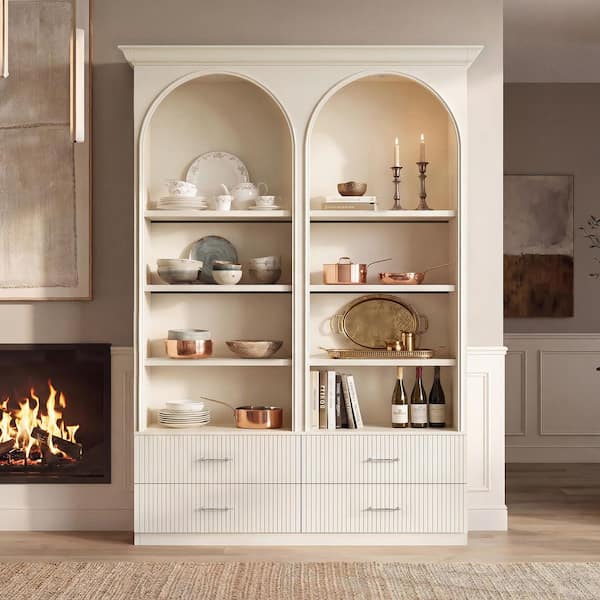 White 92.5 in. Accent Cabinet Office Storage Cabinet with 8-Shelves, 4-Drawers, Dimmable LED Lighting with Remote