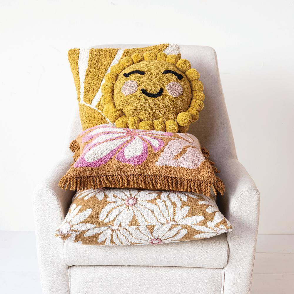 Mustard Cotton Knit Pillow with Pink Flower Appliques, 20" Square
