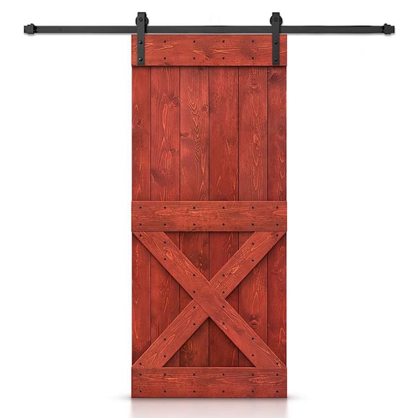 CALHOME Mini X Series 36 in. x 84 in. Pre-Assembled Cherry Red Stained Wood Interior Sliding Barn Door with Hardware Kit
