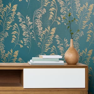 Shimmery Teal/Gold Shrub Leaf On Plain Linen Texture Vinyl on Non-Woven Non-Pasted Wallpaper Roll