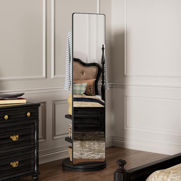 Black 16 in. W x 69 in. H Full Length Mirror with Hook Storage Coat Rack with Mirror Swivel Full Body Mirror