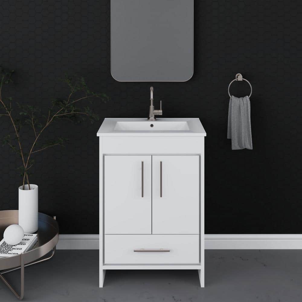 Pacific 24" Soft White Modern Bathroom Vanity with Brushed Nickel Handles