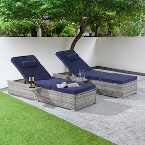2-Piece Patio Outdoor Chaise Lounge Chairs, Gray Rattan Reclining Chair Pool Sunbathing Recliners with Navy Blue Cushion
