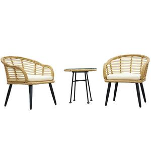 3-Piece Balcony Natural Yellow Wicker Outdoor Bistro Chair Table Set with Beige Cushion and Tempered Glass Table Top