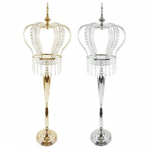 Extra Large Gold Table Decor Decorative Crown Crystal Bead Metal Accent Piece With Chandelier Stand 43.5 in.