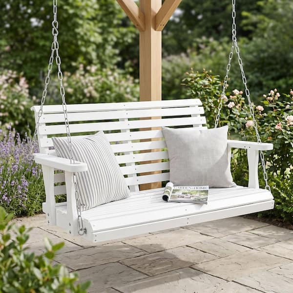 White 44 in. 3-Person Fir Wood Porch Swing, Patio Swing Chair with