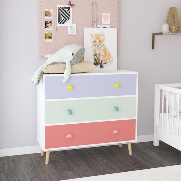 Noble House Godfrey 31.5 inch Kids 3-Drawer Dresser, Nursery Storage Cabinet, Anti-Tip Baby Nightstand, Multicolor