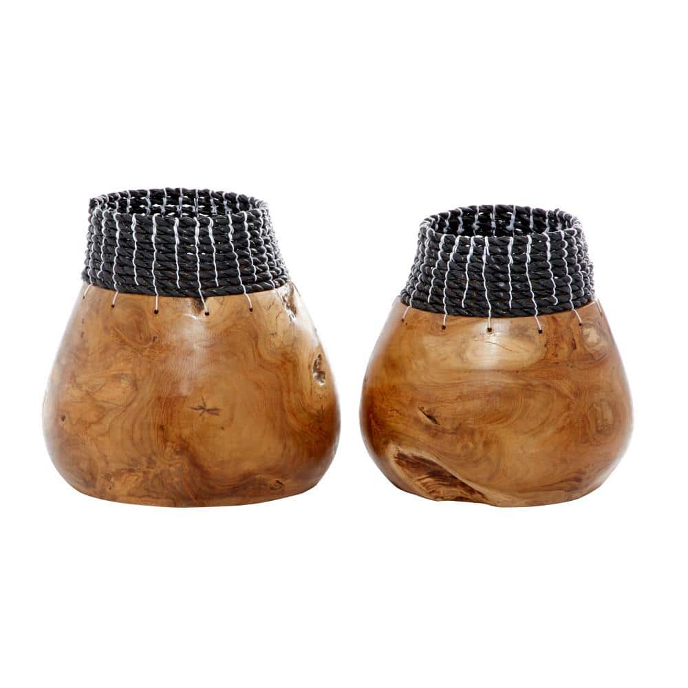 Handmade Teak Wood Vases with Black Seagrass Accents, Set of 2