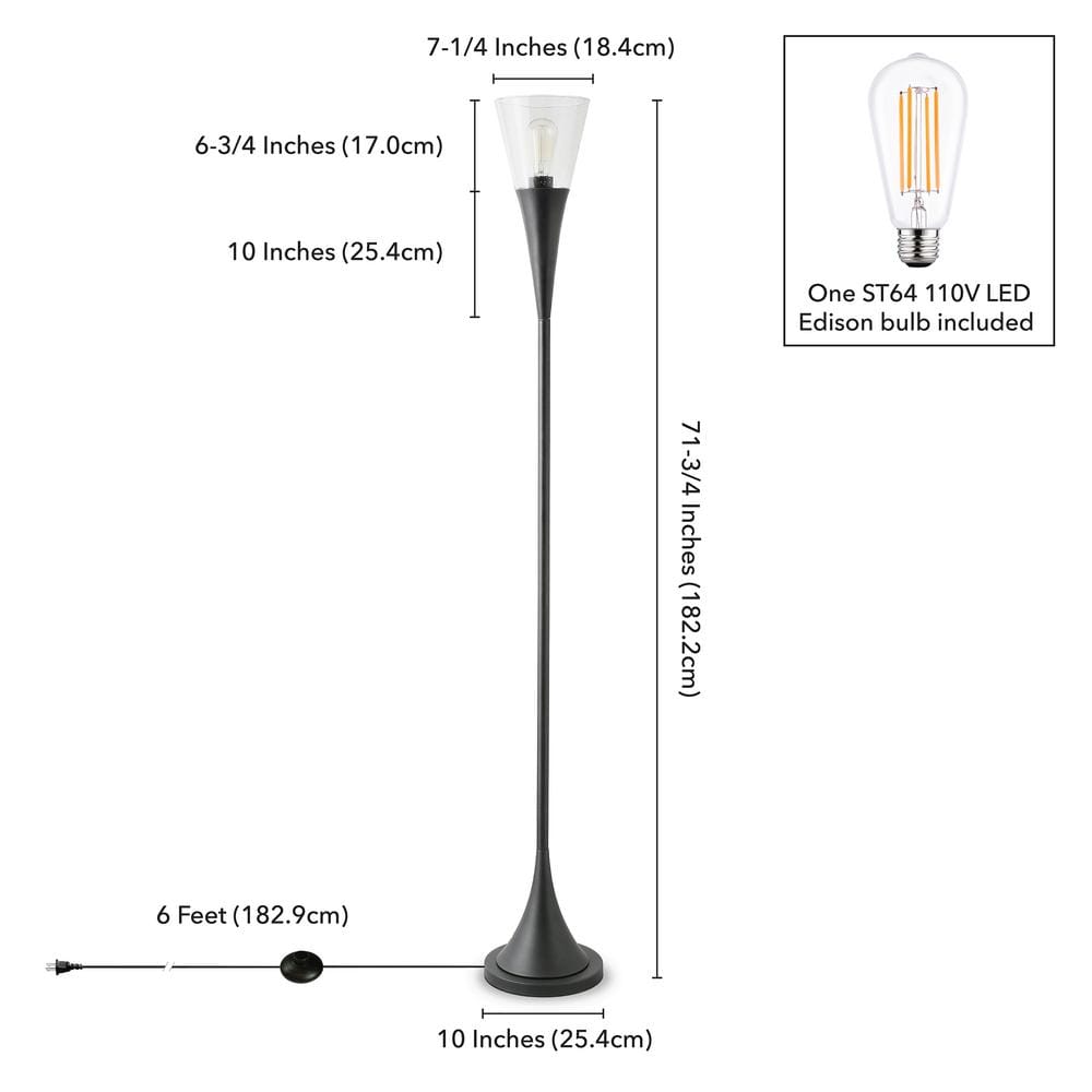 Moura 71" Blackened Bronze Torchiere Floor Lamp with Seeded Glass Shade