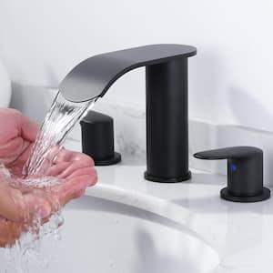 8 in. Widespread Double Handle Waterfall Bathroom Faucet with Pop-up Drain and Supply Hoses in Matte Black