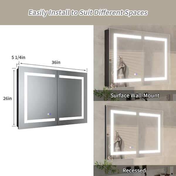 ExBrite 36 in. W x 26 in. H Rectangular Silver Aluminum Recessed/Surface Mount Dimmable Medicine Cabinet with Mirror LED