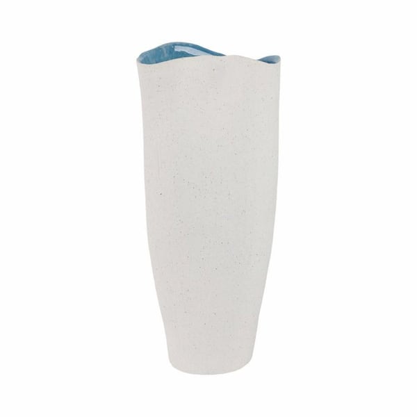 16 in. White/Blue Stoneware Cylinder Reactive Inside Decorative Vase