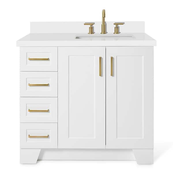 Taylor 37 in. W x 22 in. D x 36 in. H Freestanding Bath Vanity in White with Pure White Quartz Top