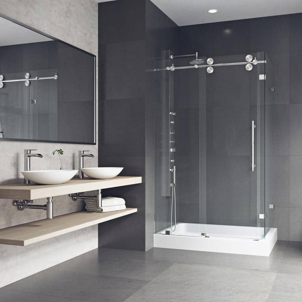 Winslow 46" Black Frameless Sliding Shower Enclosure with Clear Glass