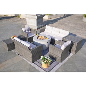 Vivian 7-Pieces Rock and Fiberglass Fire Pit Table with Gray Wicker Conversation Set with Gray Cushions