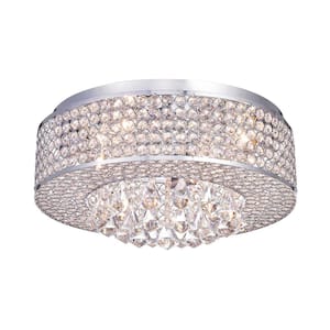 Clara 17.5 in. Glam 4-Light Chrome Flush Mount with Crystal Beaded Drum shade and Hanging Crystals