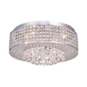 Clara 17.5 in. Glam 4-Light Chrome Flush Mount with Crystal Beaded Drum shade and Hanging Crystals