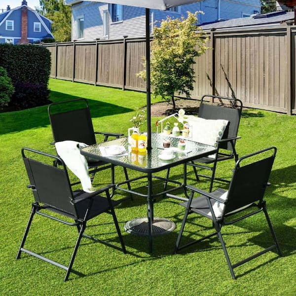 5-Piece Outdoor Patio Dining Table and Chair Set, Metal Patio Furniture Table and Chair Set with Parasol, Black