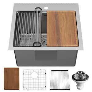 25 in. Drop-In Single Bowl 16-Gauge Stainless Steel Workstation Kitchen Sink with Deeper Bowl