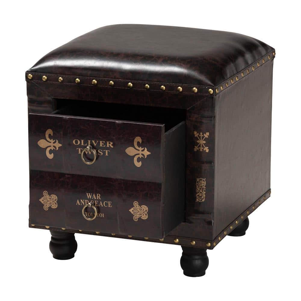 Charlier Rustic Dark Brown Faux Leather Storage Ottoman with Book Spine Drawer
