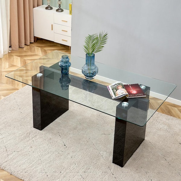 Polibi 71 in. Modern Simple Black Tempered Glass Double Pedestal Dining Table with Seats 6 to 8