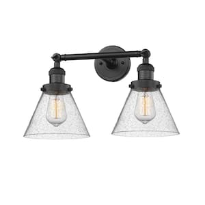 Cone 18 in. 2-Light Matte Black Vanity Light with Seedy Glass Shade
