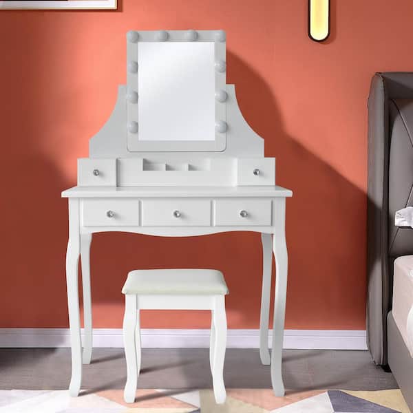 VEIKOUS Modern White Wooden Makeup Vanity Set With Rectangle LED Light Mirror and Stool