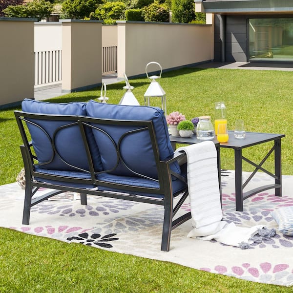 TOP HOME SPACE 2-Piece Metal Outdoor Chat Set with Blue Cushions