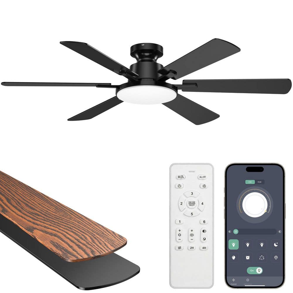 52 in. Black Modern LED Indoor & Outdoor Ceiling Fan with Light Kit, Remote Control and Double-Sided Blades, Flush Mount price history on PriceWatchPro