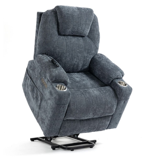 Blue Chenille Power Lift Recliner Chair with Massage&Heating, USB&Type-C Ports, 2 Cup Holders, Up to 350 LBS