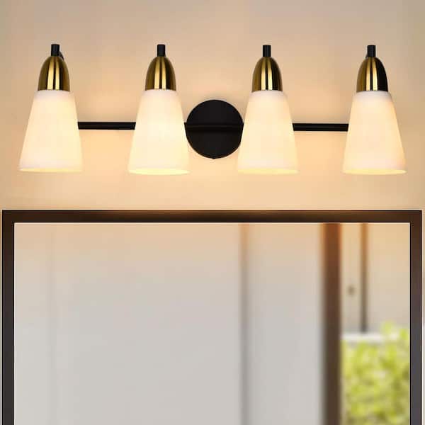 28.4 in. 4-Light Black and Gold Bathroom Vanity Light With Cone Milk Glass Shade