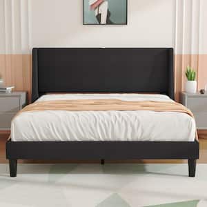 Upholstered Bed Frame with Headboard and Wingback, Dark Grey Queen Size Bed Frame Platform Bed with USB and Type-C Ports