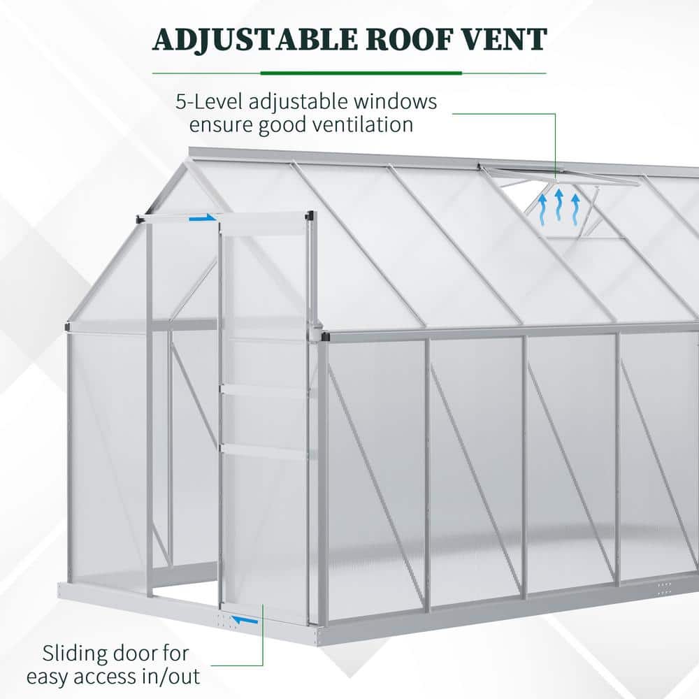 Silver Polycarbonate Walk-In Garden Greenhouse with Aluminum Frame