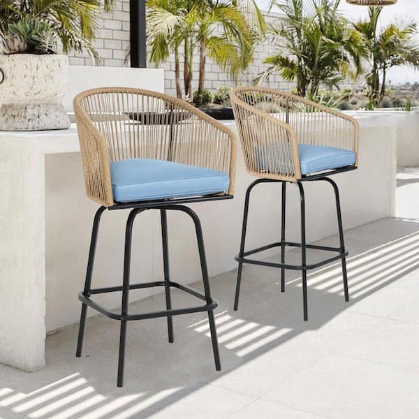 Modern Swivel Metal Handwoven Handwoven PE Rope Outdoor Bar Stools with Blue Cushions Set of 2
