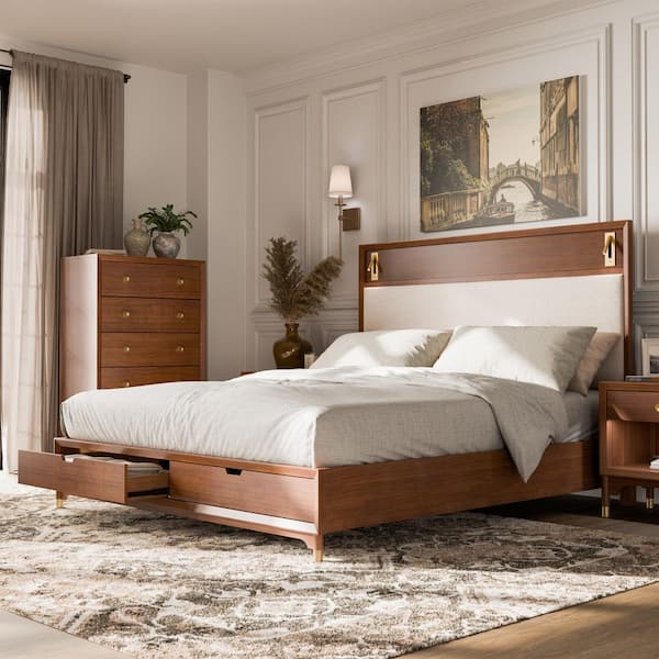 Furniture of America Forma Mid Century Brown Walnut Rubber Wood Frame King Platform Bed with Reading Lights and 2 Storage Drawers