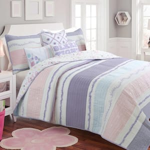 Stripped Floral Vine Star Butterfly Ruffle Embroidered 3-Piece Pink Purple Blue White Cotton Queen Quilt Bedding Set