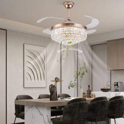42 in. Integrated LED Indoor Gold Crystal Acrylic Retractable Blade Ceiling Fan with Light Ceiling Fans