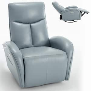 Blue Genuine Leather Swivel Rocker Recliner with Lumbar Support, USB and Type-C Ports