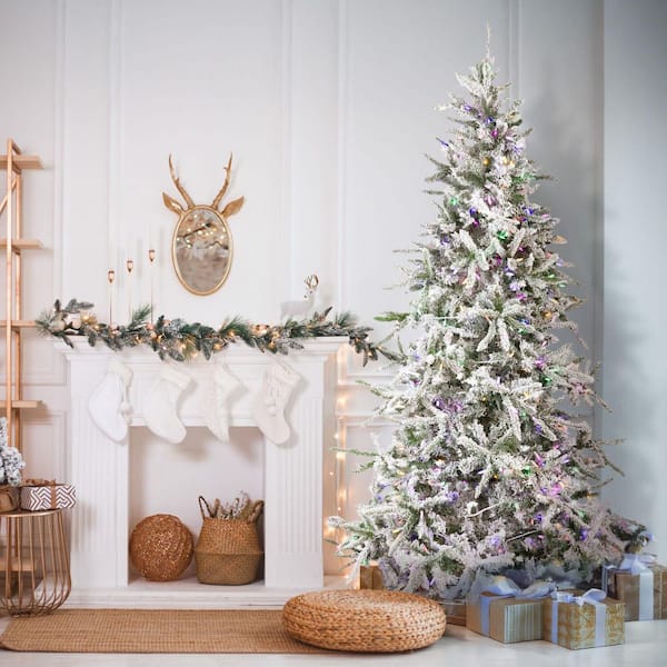 9.0-ft. Pre-Lit Mountain Pine Snow Flocked Artificial Christmas Tree, Multi-Color LED Lights