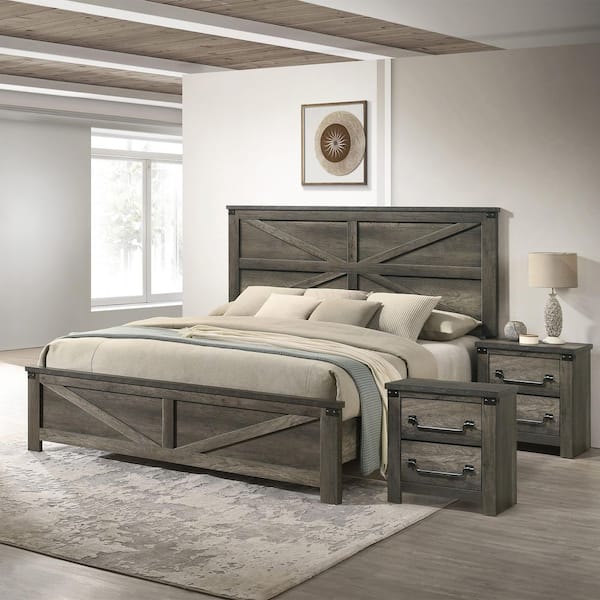 Carter 3-Piece Rustic Gray Wood Frame King Panel Bedroom Set with Farmhouse Headboard, Antique Brass Drop Handles