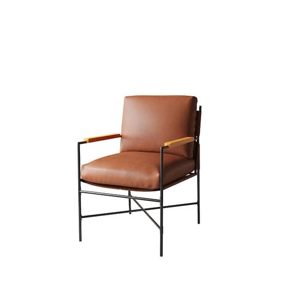 ZIRUWU Brown PU Metal Frame Faux Leather Accent Chair Arm Chair with Thick Padded Backrest and Seat Cushion