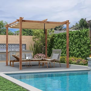 10 ft. x 10 ft. Natural Wood Grain Aluminum Pergola with Beige Retractable Sun Shade Canopy and Extra Top Roof