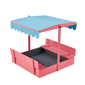 3.6 ft. W x 3.6 ft. L Wood Square Outdoor Sandbox for Kids with 2 Foldable Bench Seats and Adjustable Canopy Roof, Pink