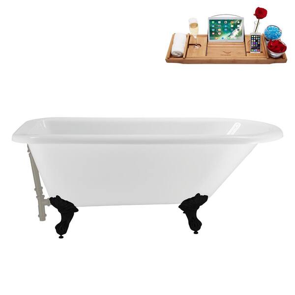 Streamline 62 in. x 29 in. Acrylic Clawfoot Soaking Bathtub in Glossy White with Brushed GunMetal Drain, Matte Black Clawfeet