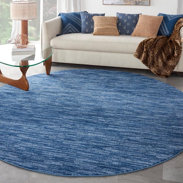 Essentials 8 ft. x 8 ft. Navy Blue Round Solid Contemporary Indoor/Outdoor Patio Area Rug