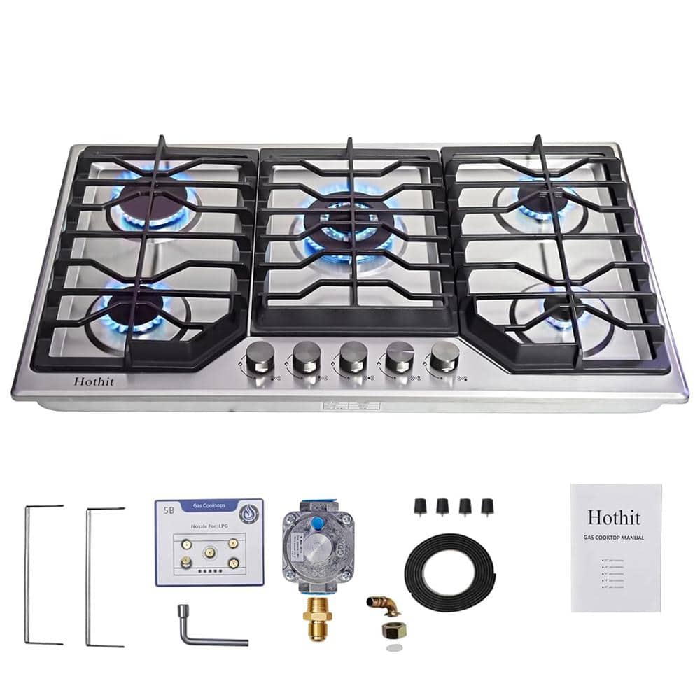 Elexnux GD 34 in. 5-Burners Recessed Gas Cooktop in Stainless Steel with 5-Power Burners, Stainless Steel-34inches
