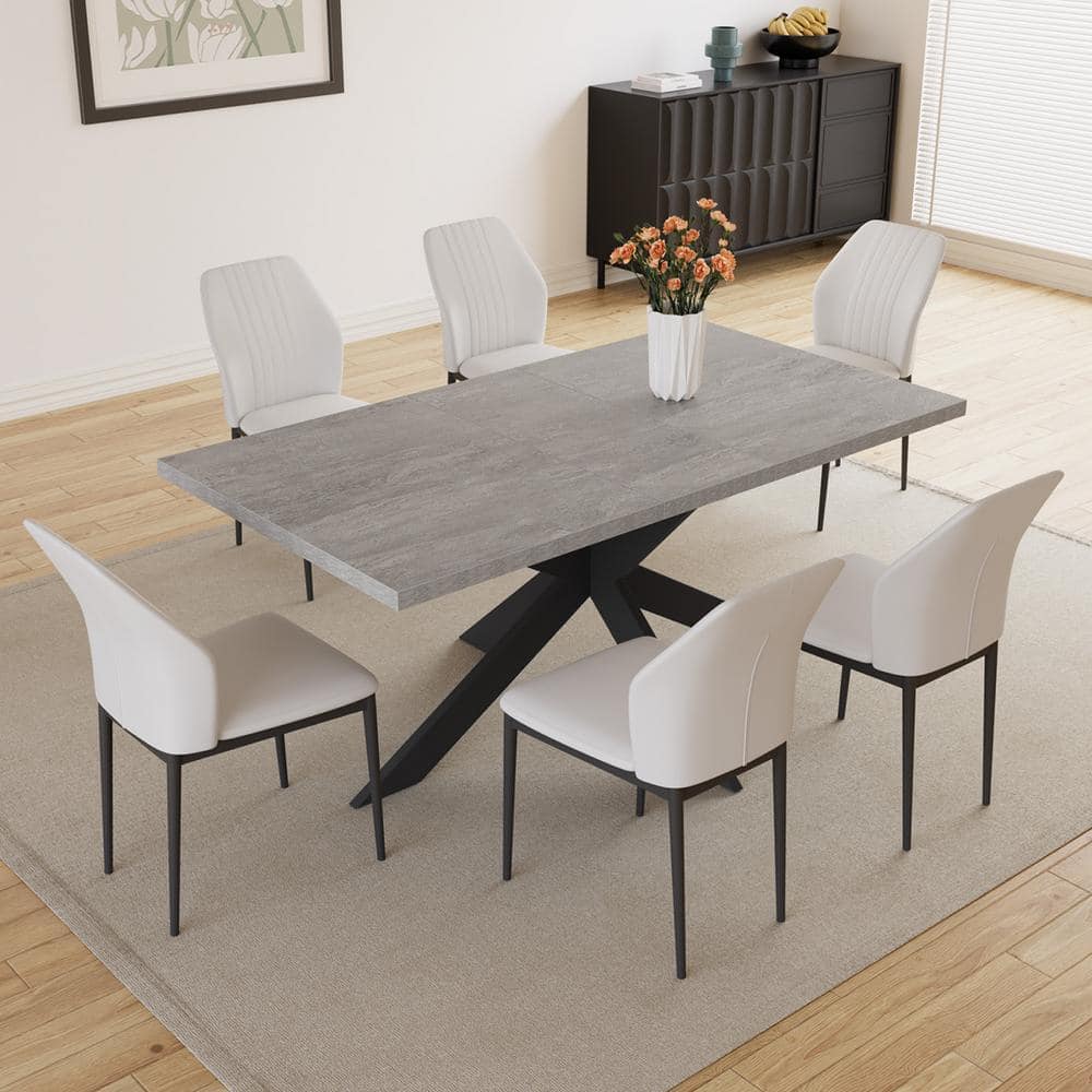 Modern 7-Piece Extendable Rectangle Gray MDF Top Dining Room Set Seating 4-6 People 66.9 in. with 6-White Chairs -  GOJANE, ST000060LWYAAP