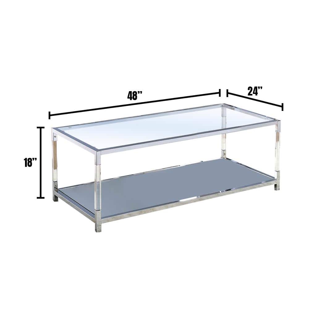 Ludvig 48 in. Chrome Large Rectangle Glass Coffee Table with Shelf